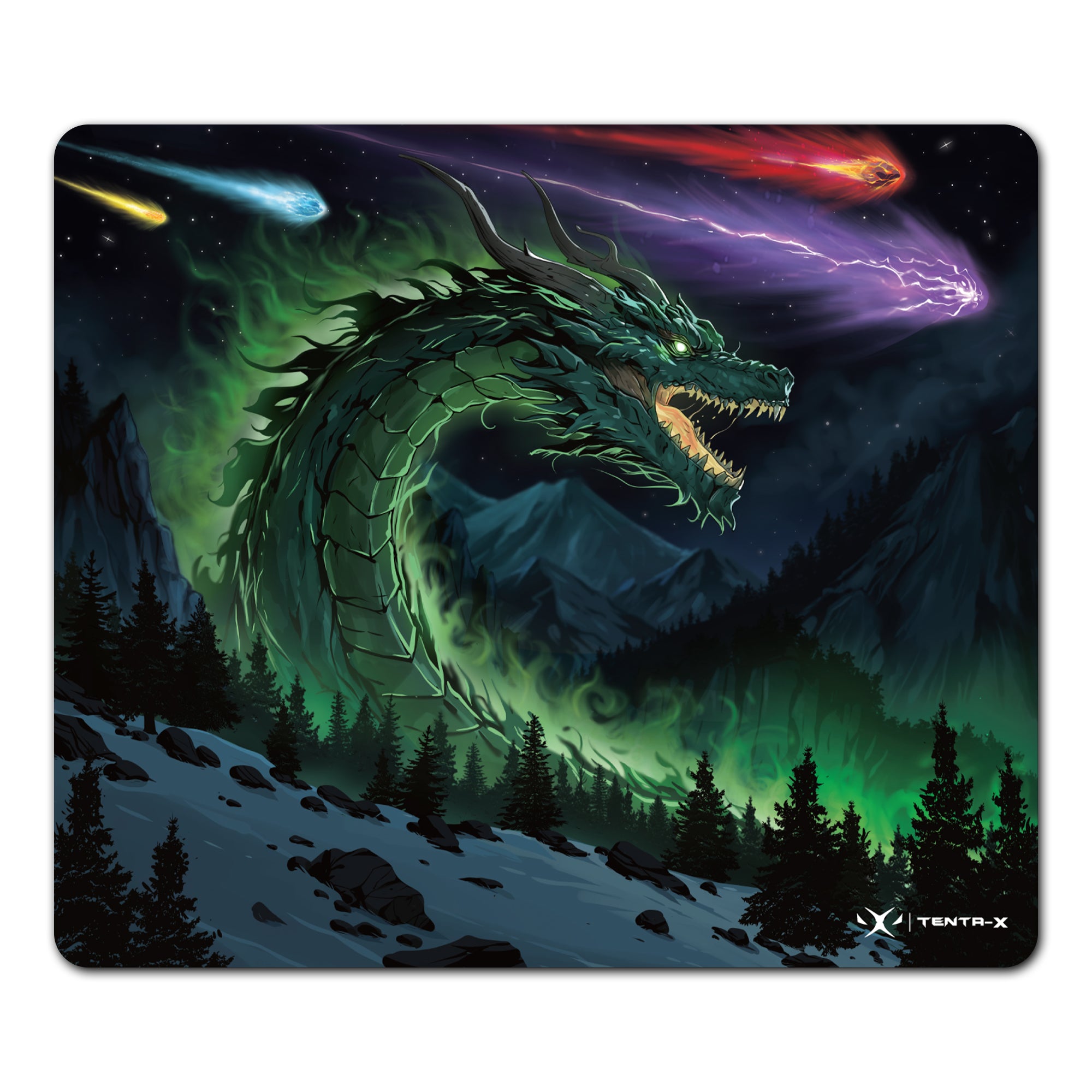 TENTA‑X JadeFire Shinkiro main image - the fastest mousepad for esports featuring a glowing green dragon over a snowy forest and comet-filled sky, with an edgeless rounded-edge construction.